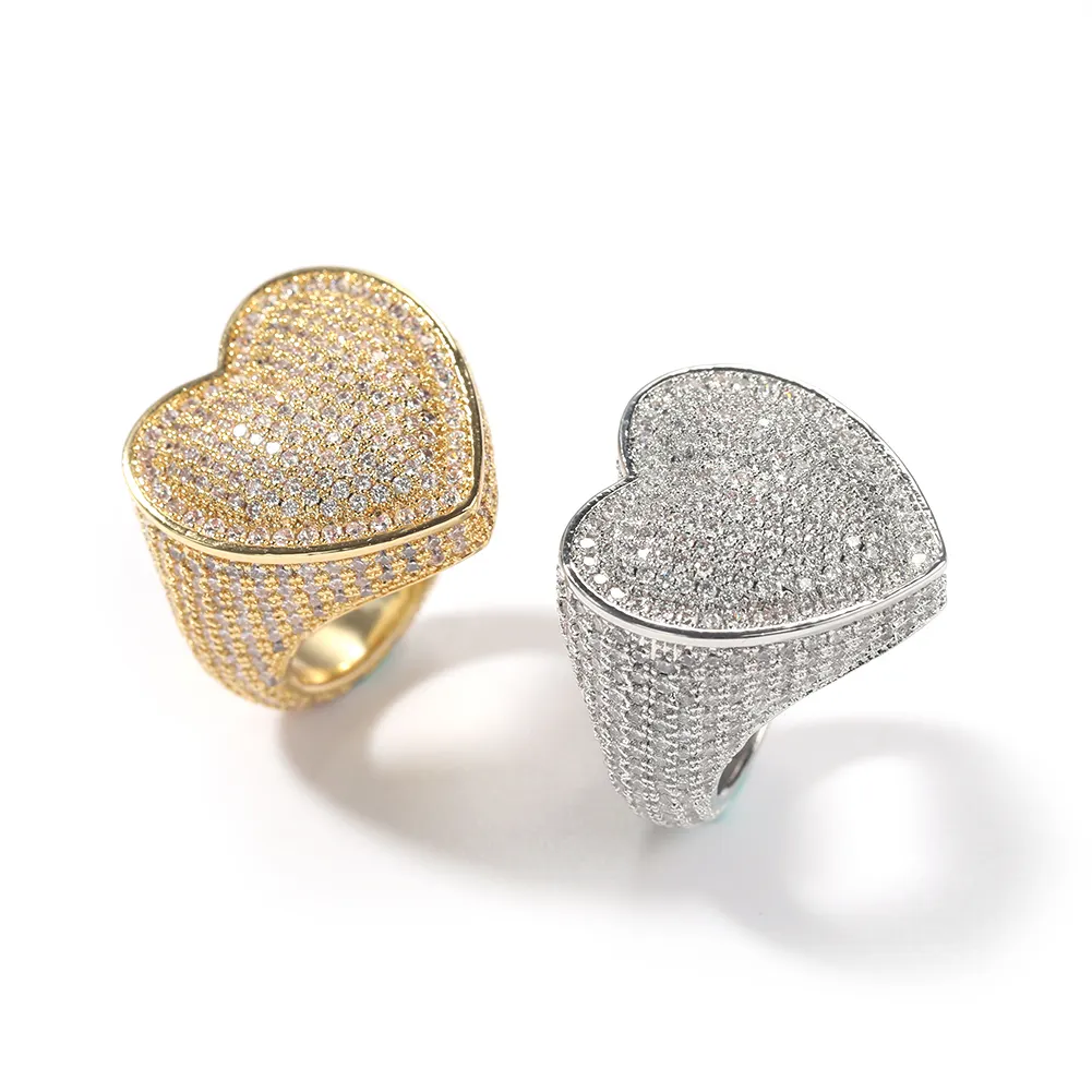 Hiisees Hot Sale Iced Out Bubbly Heart Signet Ring Large Size Rings Full Zircon Punk Women Man Rings Gift Jewelries