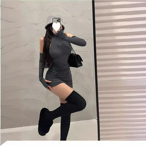 Vestido ajustado fruncido para mujer, minivestidos de cuello alto con mangas, Otoño, negro, ajustado, elástico, Vestidos de fiesta, ropa Y2K de moda - Product Image 4