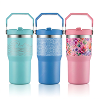 Tragbarer 20oz Pulverbeschichteter Auslaufsicherer Individueller Thermobecher Wasserflasche mit Faltbarem Tragegriff und Klappbarem Strohhalm-Deckel Kaffee