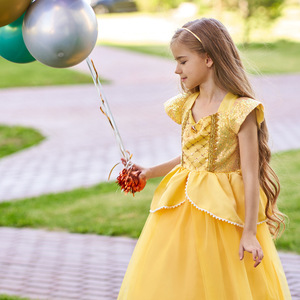 Abito Giallo Lucido per Bambine con Maniche a Sbuffo, Tutù da Balletto a Maniche Lunghe, Design Principessa, Costume di Halloween - Product Image 3