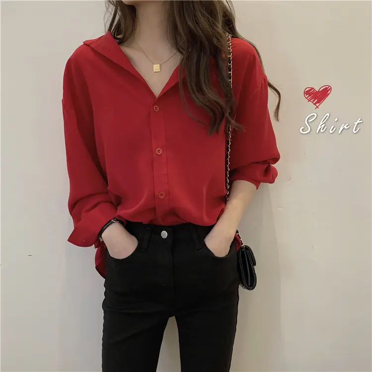 New Korean Fashion Loose Style Casual Long Sleeve Elegant Red Shirt for Women