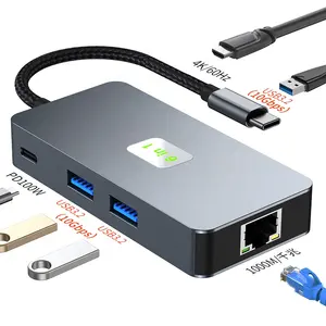 Estação de acoplamento 6 em 1 USB C Hub HTo 4K 60Hz HDMI Adaptador Multi-hub USB 3.2 RJ45 1000Mbps PD 100W display