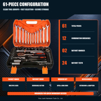 Ensemble d'outils de réparation automobile manuels 61 pièces en acier au chrome-vanadium, comprenant clés à douille combinées, clé à cliquet et jeu de clés Allen 24 dents pour réparations rapides