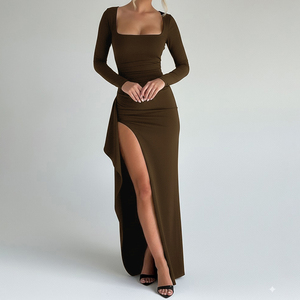 Vestido Largo Elegante para Mujer, Cuello Cuadrado, Manga Larga, Ajustado, Abertura Alta Asimétrica, Vestido de Fiesta - Product Image 6