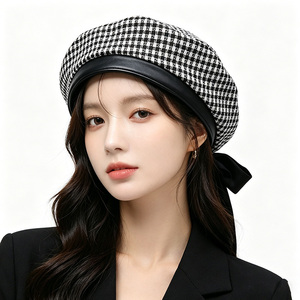 Unisex Houndstooth Tweed <b>Beret</b> Bow Printed Black White Plaid French <b>Beret</b> Leather Trim Vintage Elegant Winter Outdoor Travel Hat - Product Image 1