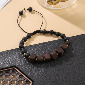Men's Wooden <b>Bead</b> <b>Bracelet</b> Square Black Round Glass Handmade Jewelry Yiwu Spring 2024 - Product Image 2