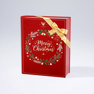Boîte cadeau de Noël en chocolat, emballage rigide rouge avec ruban doré et design estampé à chaud - Product Image 2