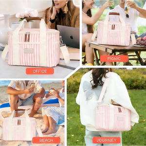 Sac isotherme de plage 24L, sac de pique-nique isotherme 12H avec doublure PEVA anti-fuite, sac de voyage réutilisable pour aliments avec rayures roses - Product Image 6