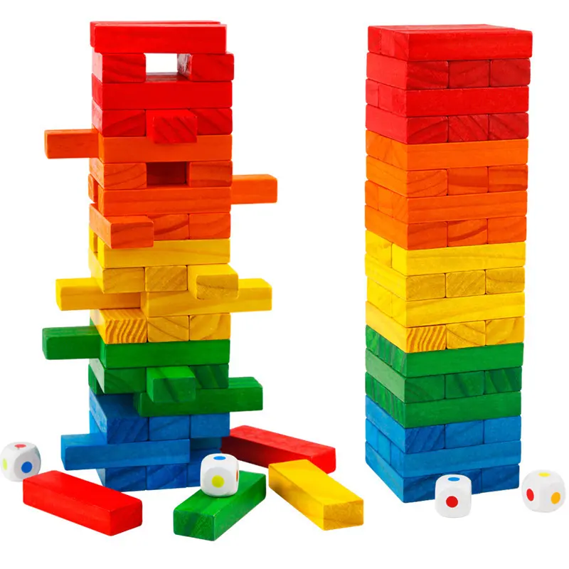 Yuvarlanan kule renkli bina ahşap istifleme ahşap bloklar gökkuşağı klasik oyun oyuncak eğitim domino masa
