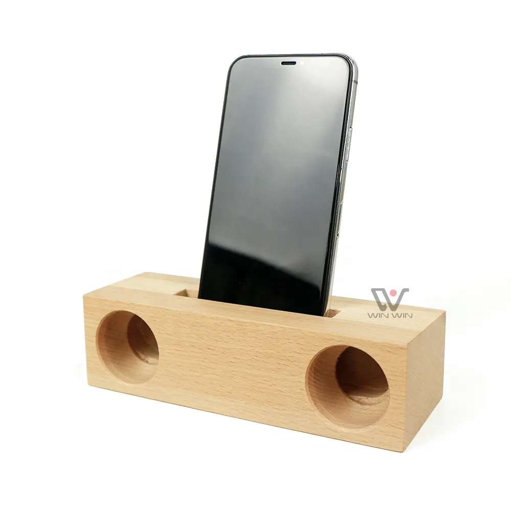 Natural Bamboo Wood Wireless Loudspeaker Portable Phone Stand Beech Speakers Cellphone Holder With Speaker