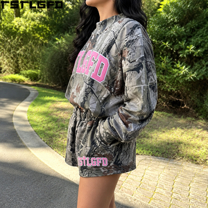 Cut and Sew for <b>Camo</b> Stand Collar Winter Casual Sweatshirt <b>Shorts</b> Set Women Matching Streetwear Wholesale Bulk - Product Image 2
