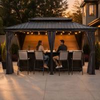 Gazebo en aluminium à toit rigide, double toit, imperméable, pavillon extérieur avec rideaux et moustiquaire pour jardin, patio, cour arrière, cour