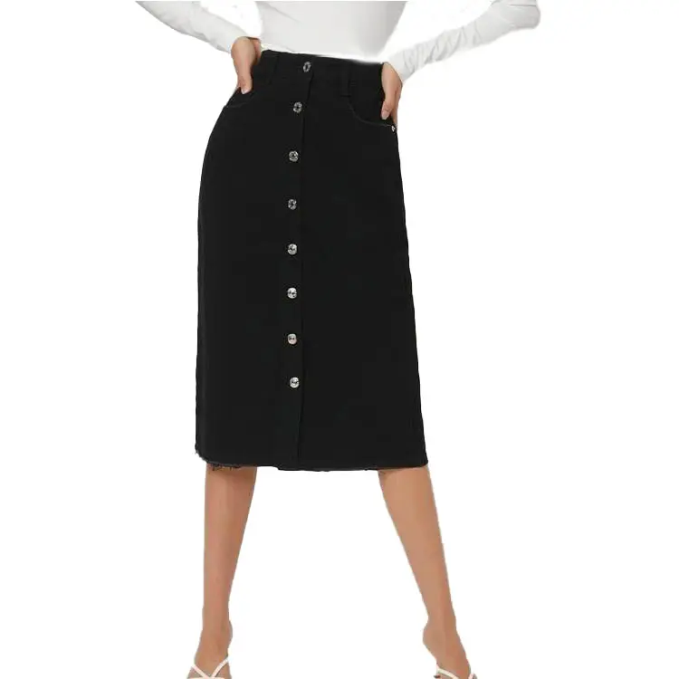 Ladies Fashion Denim Pencil Skirt High black Knee Blue denim midi Skirts for women