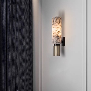 Lámpara de Pared Cilíndrica de Mármol Negro y Dorado, Lámpara de Pared de Alabastro con Base Acanalada de Latón, LED para Hotel, Dormitorio, Pasillo - Product Image 4
