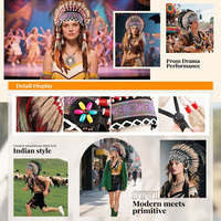 Coiffe indienne artisanale en plumes de coq avec strass, accessoire de chef tribal pour Halloween, cosplay, carnaval et danse