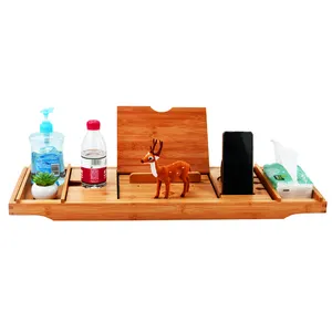 Great Gift Idea Expandable Bamboo Bath Caddy Bathtub Tray with Book and Wine Holder