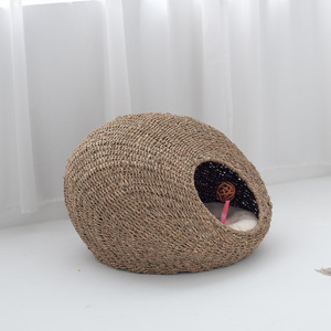 Rattan <b>Cat</b> Bed Oval Shape Straw Weaving Pet Bed For <b>Cats</b> Cooling <b>Mat</b> Handmade Solid Pattern - Product Image 2