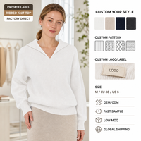 Pull en coton uni à col polo pour femme, ample, à manches longues, en tricot, avec fente latérale, pour un usage quotidien