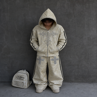 Ensemble deux pièces unisexe personnalisé, style vintage, effet délavé, 100 % coton, respirant, imprimé hiver, veste à capuche zippée avec rivets