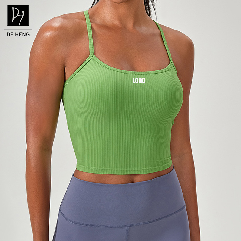 Custom Logo Active Fitness Women Sports Wear Rib Quick Dry High Elastic Double Straps Gym Yoga Bra Tank Top For Women