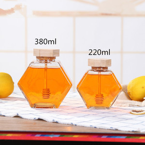 Pot de miel Hexagonal à couvercle en bois, bocaux en verre avec tige à mélanger pour <span class=keywords><strong>le</strong></span> miel - Product Image 1