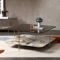 Table basse carrée moderne de luxe à double plateau, plateau en pierre frittée, base en acier inoxydable couleur dorée, mobilier de salon pour la maison