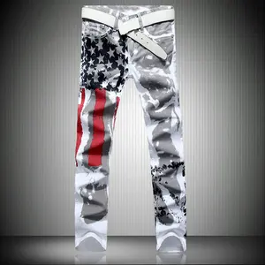 Men's White American Flag Printed Jeans High Elastic Slim Fit Casual Large Pants