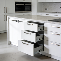 Meubles de cuisine minimalistes de luxe blancs et noirs avec îlot incurvé et tiroirs à fermeture douce