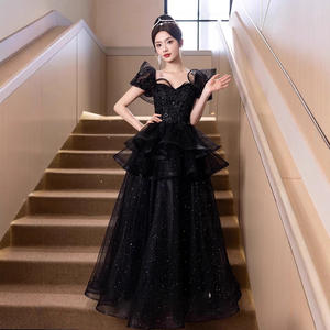 काले सुरुचिपूर्ण लंबी राजकुमारी वयस्क शादी की पार्टियों-लाइन प्राकृतिक कमर सादे शाम पार्टी पोशाक - Product Image 2