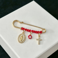 Broche décorative grande en alliage imitation vintage, tressée avec cordon de soie rouge, motif croix et œil protecteur, pour vêtements