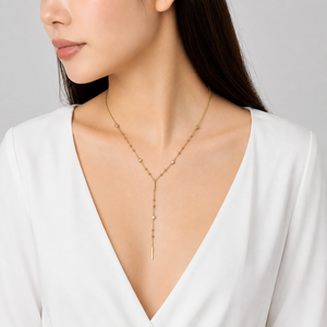 Collar de circonita en forma de Y de acero inoxidable con baño de oro de 14K al vacío, con estaciones de bisel redondo y colgante de barra, cadena ajustable de 46 cm - Product Image 5