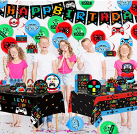 Kit de Fête d'Anniversaire Thème Jeu Vidéo : Assiettes, Gobelets, Serviettes, Nappe, Vaisselle, Bracelets, Décorations de Gâteau Nid d'Abeille, Drapeaux, Ballons Spirale