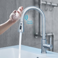 Robinet de cuisine à arc haute rotation à 360 degrés avec capteur de mouvement mains libres, finition nickel brossé et cartouche céramique