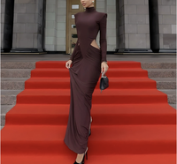 2026 nouveau été femmes vêtements col roulé marron robe à la mode à manches longues plissé creux mince robe