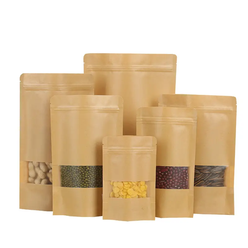 Custom printing stand up dried food doypack kraft paper zipper pouch bag with window