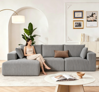Canapé modulaire en forme de L gris, canapé 3 places avec chaise longue, canapé en tissu amovible avec coussins pour la maison
