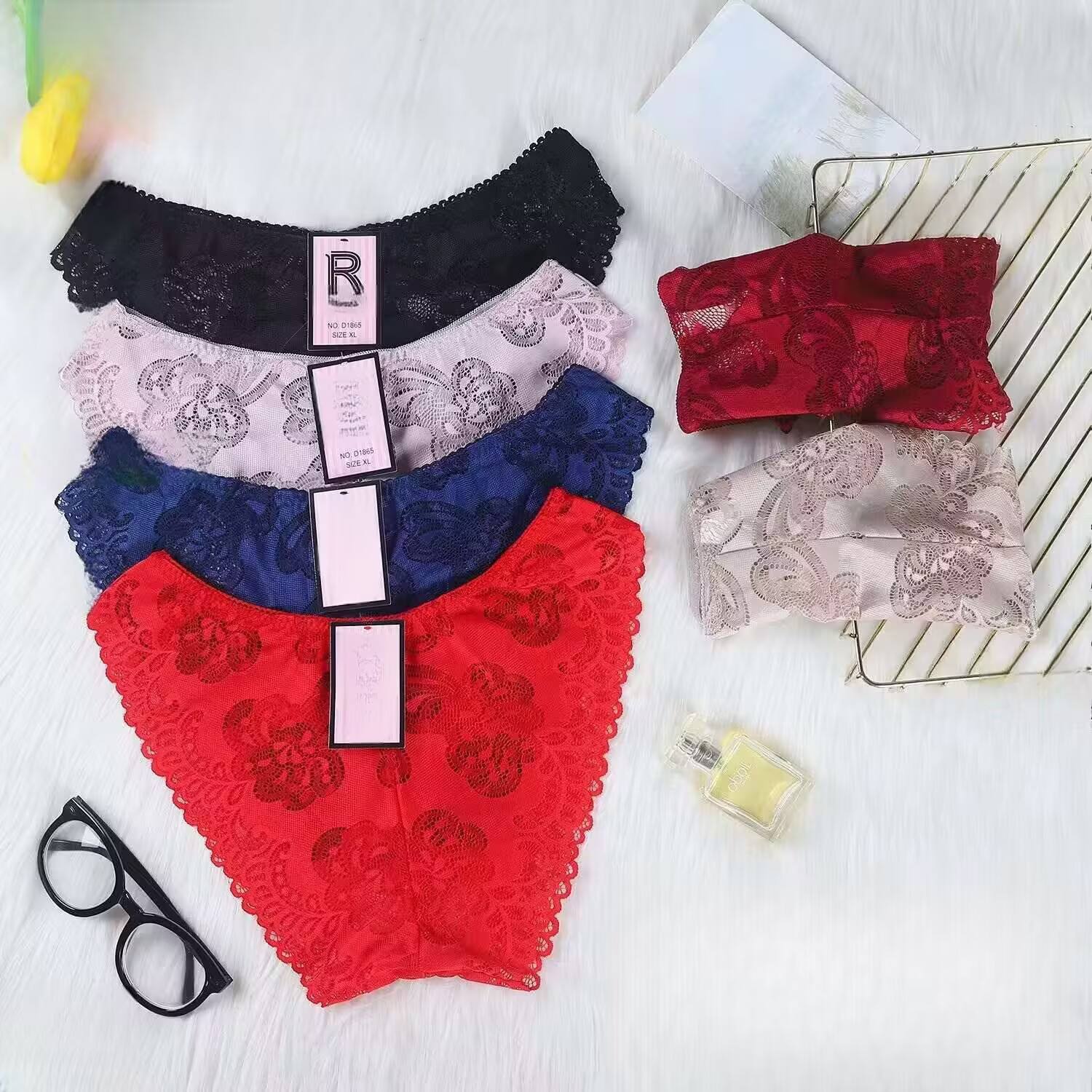 Ribbed Thread Cotton Lace Panties Solid Color Black Mid-rise Underwear for Cheap Wholesale Price in Dozen Pack 12