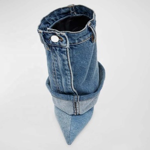 Size 45 Custom Denim Short Pants <b>Boots</b> Thin High Heels Pointed Toe Overlay Ankle Booties Wide Top Women's Trend Folded Shoes - Product Image 3