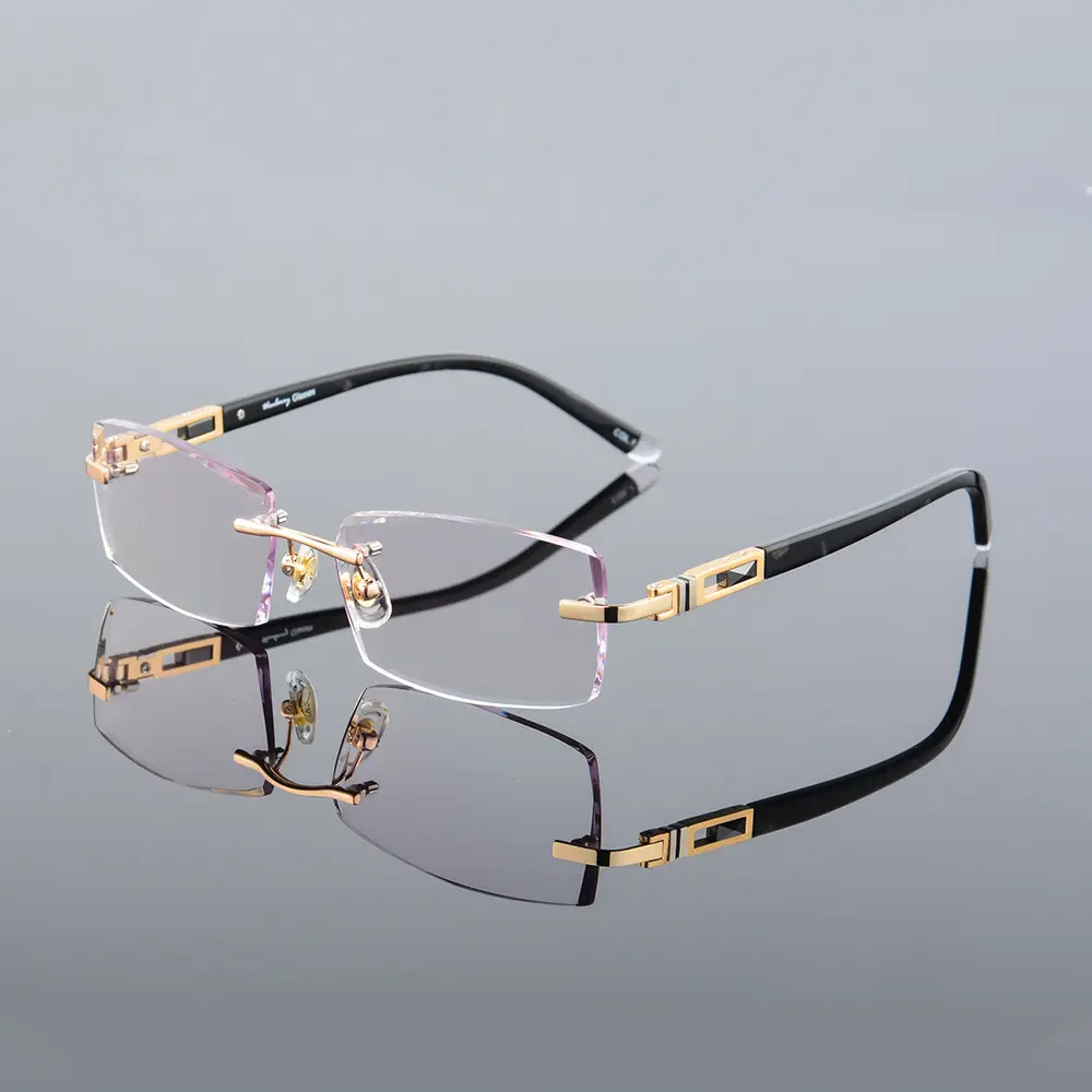Optik alaşım erkek elmas kırpma kesme çerçevesiz gözlük çerçevesi degrade gri tonu Plano reçete lensler