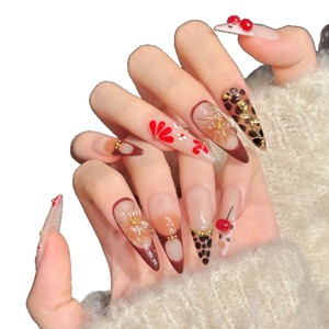 TSZS 10 <span class=keywords><strong>Uñas</strong></span> Postizas Largas y Puntiagudas Hechas a Mano, <span class=keywords><strong>Uñas</strong></span> Postizas con Degradado, Cuentas Doradas, Elegantes, Estilo Francés Y2K, Forma Almendrada - Product Image 2