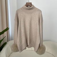 Pull en laine tricotée de haute qualité avec poignets en fourrure de renard, manteau en fourrure tendance pour femme