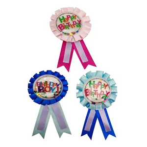 happy Birthday Ribbon Satin Fabric Birthday Women or Men Tinplate Badge Pin Happy Birthday Queen King Party Button Pins Girls