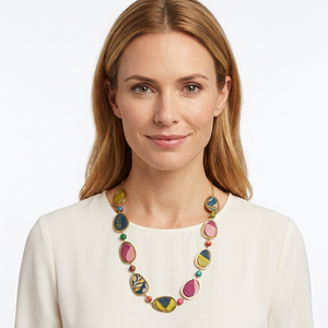 Collar de estilo bohemio para mujer, chapado en oro, con bisel de resina, cadena de eslabones, joyería de fiesta, forma ovalada colorida - Product Image 2