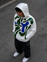 Veste à capuche zippée en satin blanc brillant pour homme, avec appliques abstraites et patchwork, style streetwear, vente en gros personnalisée