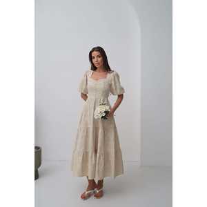 Wholesale Mix Fabric Beige <b>Sexy</b> Summer <b>Dress</b> with Decorative Buttons and Balloon Sleeves Free Size for Day and Holidays - Product Image 4