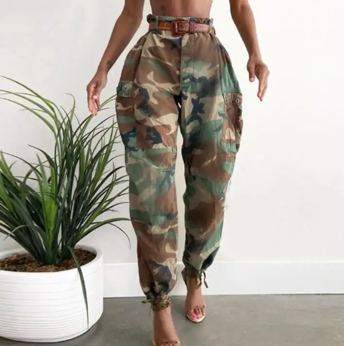 New arrival High Quality Autumn Fashion Plus Size Lady Loose Casual Print Pocket Camouflage Cargo Pants for Women