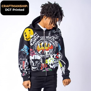 Felpa con Cappuccio da Uomo con Zip, Personalizzata con Strass, Effetto Consumato e Lavaggio Acido, Vestibilità Ampia, Stile Streetwear Pesante, Design con Diamanti - Product Image 4