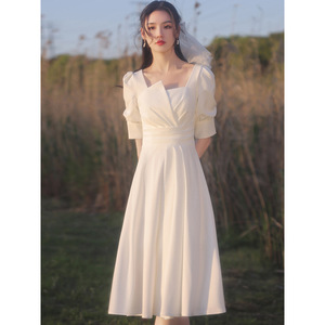Vestido blanco para registro de matrimonio, mujeres de estatura pequeña, ceremonia de compromiso, vestido de novia, elegante vestido blanco para verano. - Product Image 2