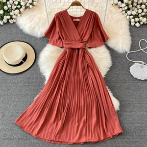 Verano nuevo estilo cuello en V <span class=keywords><strong>Vestido</strong></span> <span class=keywords><strong>de</strong></span> manga corta rodilla-adelgazamiento plisado elegante Ladylike cintura-ceñido con cordones grandes vestidos casuales - Product Image 2
