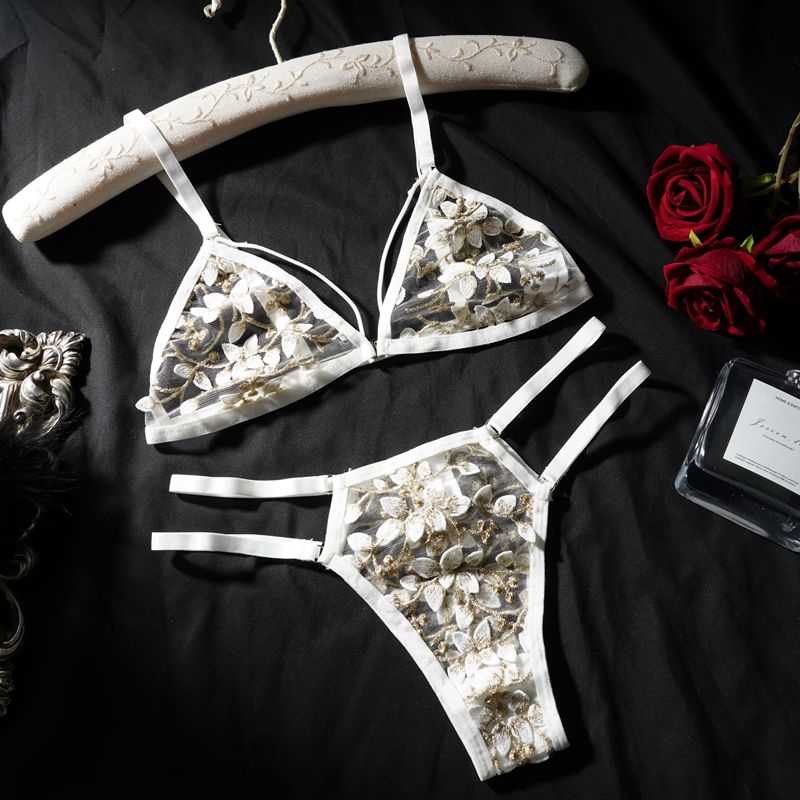 Wholesale Three Point Women Lace Flower Embroidery Cheap Sexy See Through Underwear Lingerie Set for Women Ladies